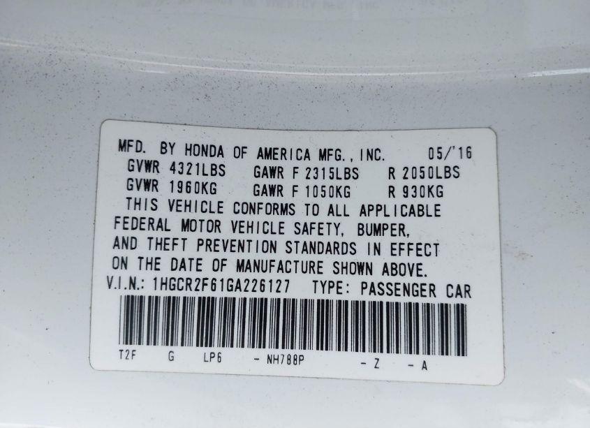 Photo 9 of 2016 Honda Accord SPORT (VIN 1HGCR2F61GA226127)