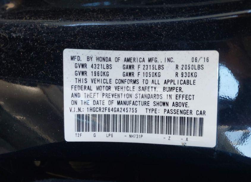 Photo 9 of 2016 Honda Accord SPORT (VIN 1HGCR2F64GA245755)