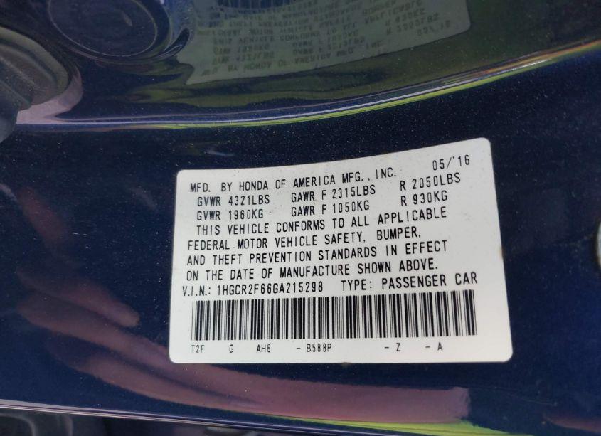 Photo 9 of 2016 Honda Accord SPORT (VIN 1HGCR2F66GA215298)