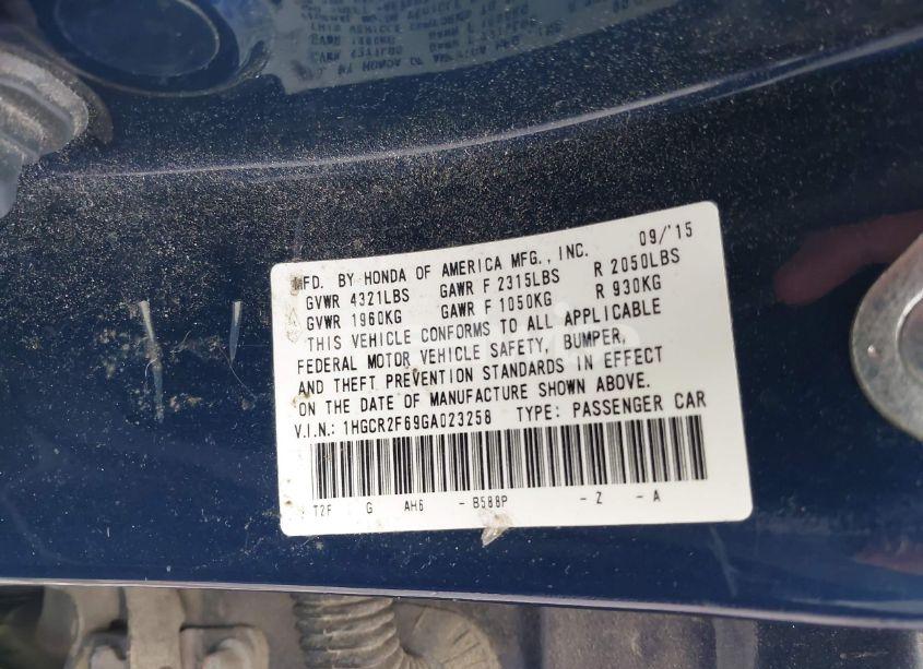 Photo 9 of 2016 Honda Accord SPORT (VIN 1HGCR2F69GA023258)