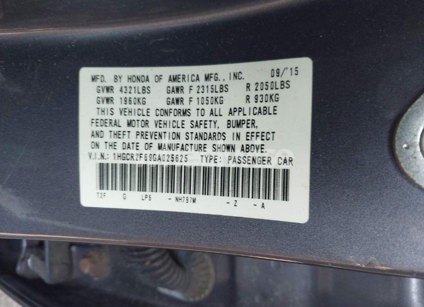 Photo 9 of 2016 Honda Accord SPORT (VIN 1HGCR2F69GA025625)