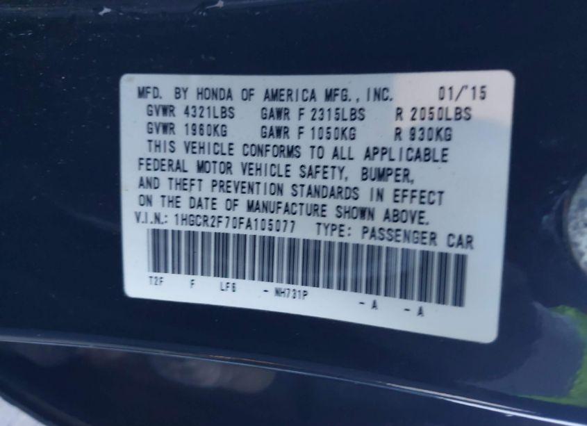 Photo 9 of 2015 Honda Accord EX (VIN 1HGCR2F70FA105077)