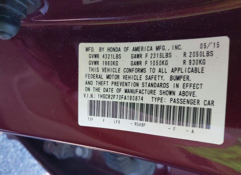 Photo 9 of 2015 Honda Accord EX (VIN 1HGCR2F70FA190874)