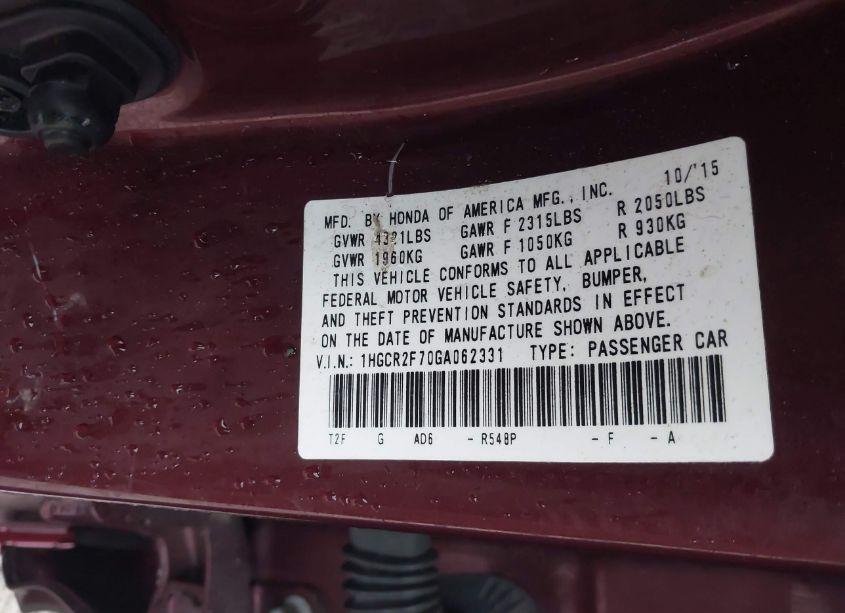 Photo 9 of 2016 Honda Accord EX (VIN 1HGCR2F70GA062331)