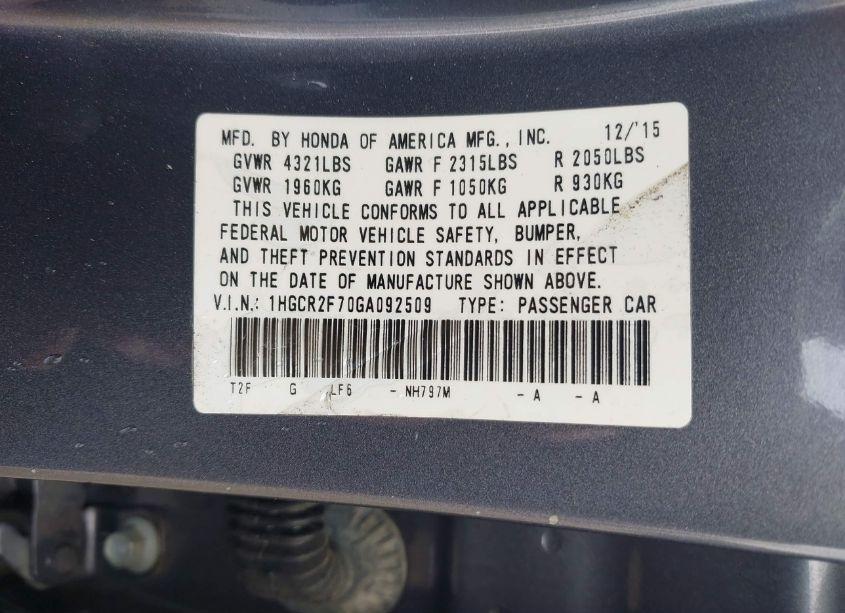 Photo 9 of 2016 Honda Accord EX (VIN 1HGCR2F70GA092509)