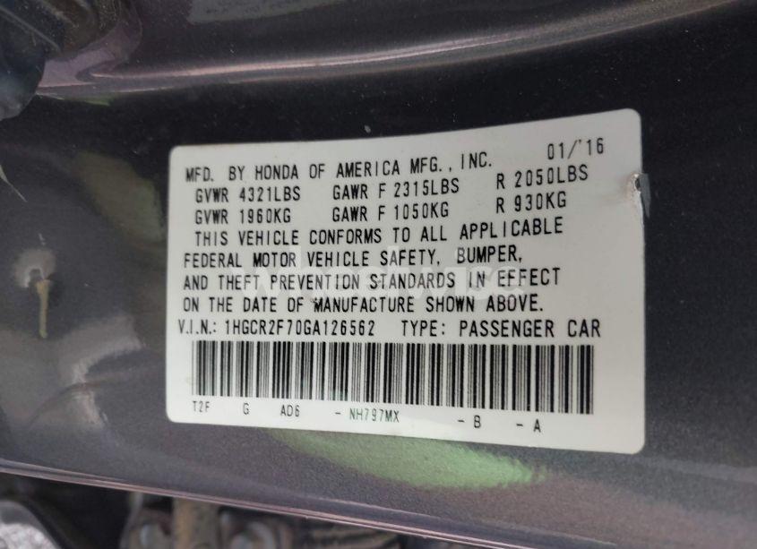 Photo 9 of 2016 Honda Accord EX (VIN 1HGCR2F70GA126562)
