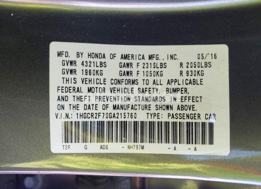 Photo 9 of 2016 Honda Accord EX (VIN 1HGCR2F70GA215760)