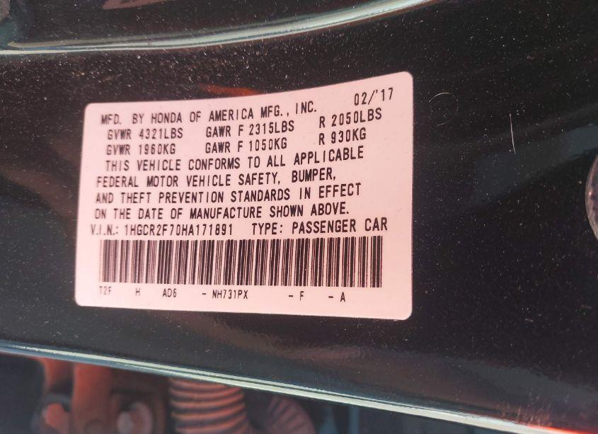 Photo 9 of 2017 Honda Accord EX (VIN 1HGCR2F70HA171891)