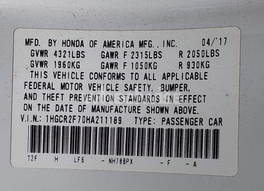 Photo 9 of 2017 Honda Accord EX (VIN 1HGCR2F70HA211189)