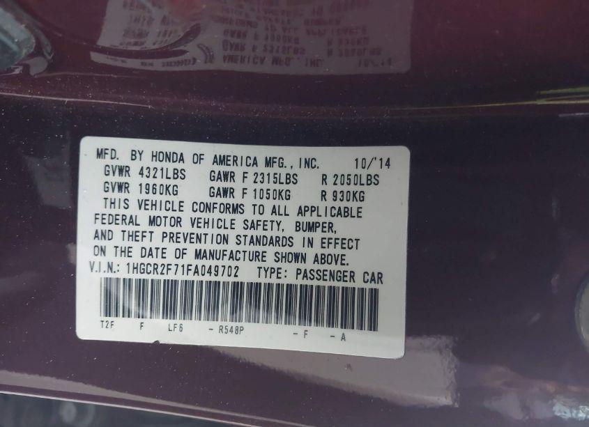 Photo 9 of 2015 Honda Accord EX (VIN 1HGCR2F71FA049702)