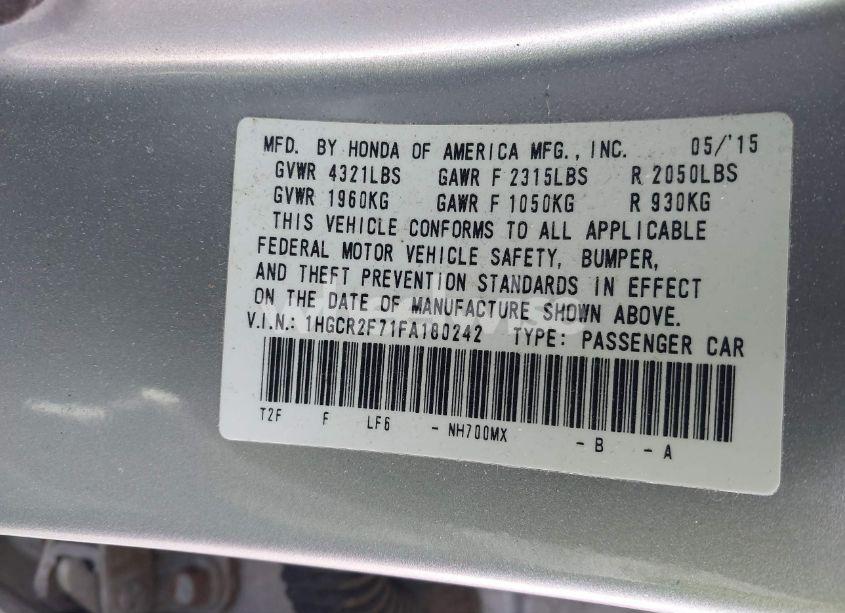 Photo 9 of 2015 Honda Accord EX (VIN 1HGCR2F71FA180242)