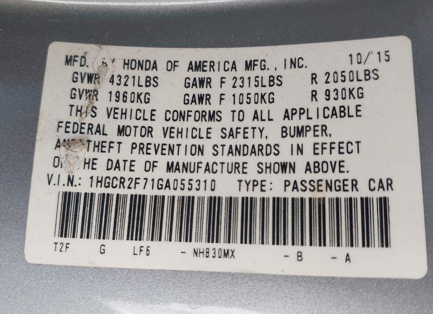 Photo 9 of 2016 Honda Accord EX (VIN 1HGCR2F71GA055310)