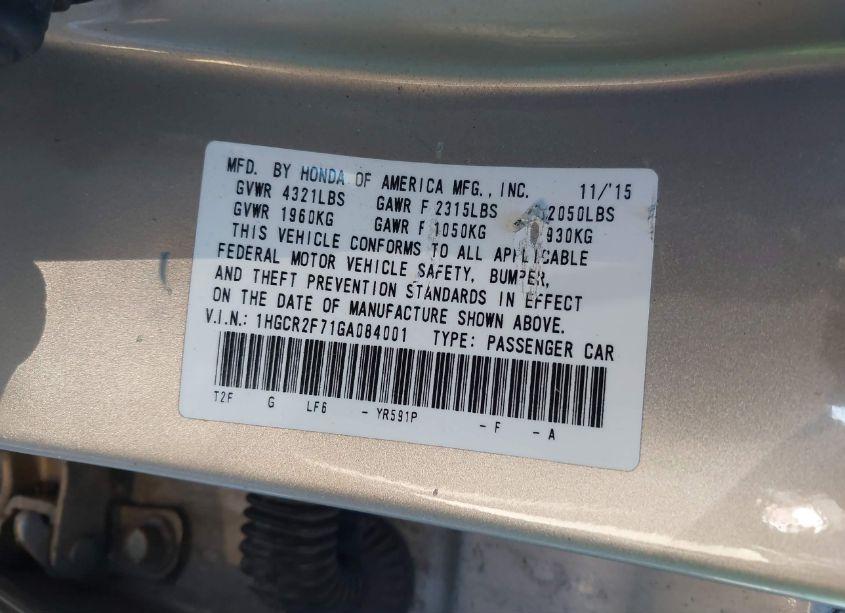 Photo 9 of 2016 Honda Accord EX (VIN 1HGCR2F71GA084001)