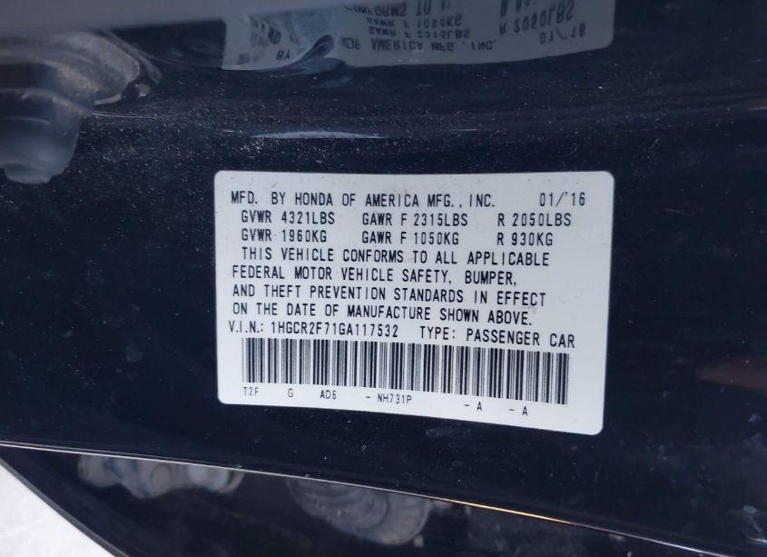 Photo 9 of 2016 Honda Accord EX (VIN 1HGCR2F71GA117532)