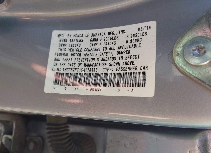 Photo 9 of 2016 Honda Accord EX (VIN 1HGCR2F71GA178668)