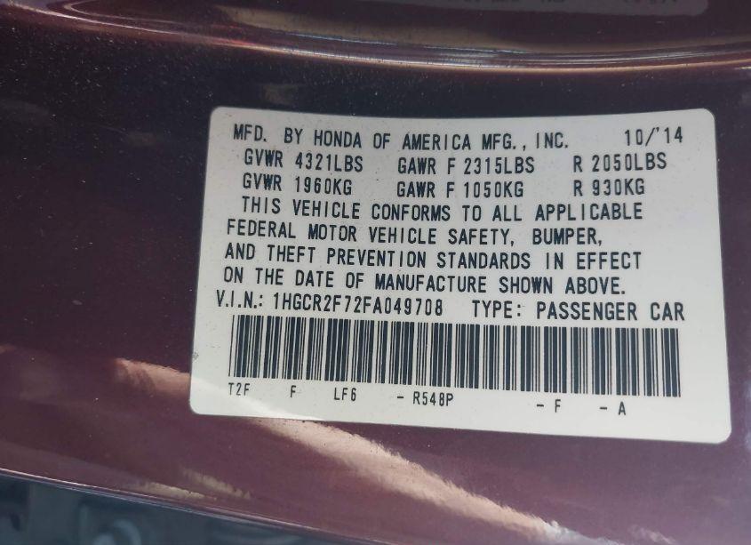 Photo 9 of 2015 Honda Accord EX (VIN 1HGCR2F72FA049708)