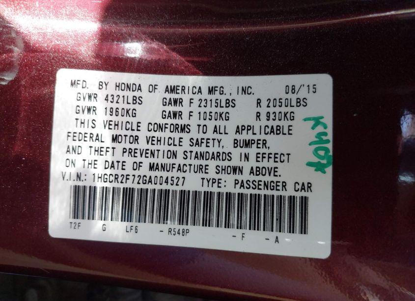 Photo 9 of 2016 Honda Accord EX (VIN 1HGCR2F72GA004527)