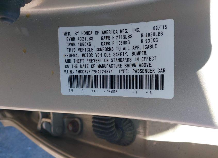 Photo 9 of 2016 Honda Accord EX (VIN 1HGCR2F72GA024874)