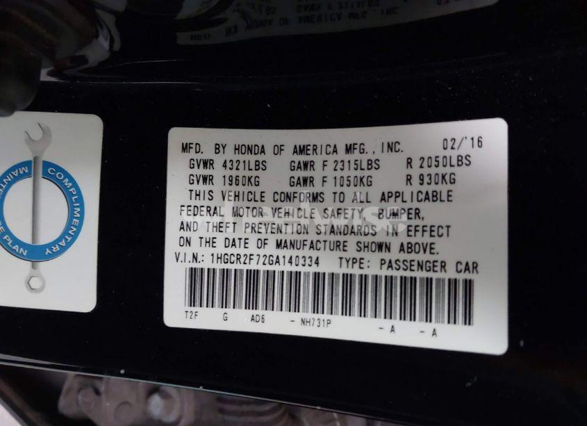 Photo 9 of 2016 Honda Accord EX (VIN 1HGCR2F72GA140334)