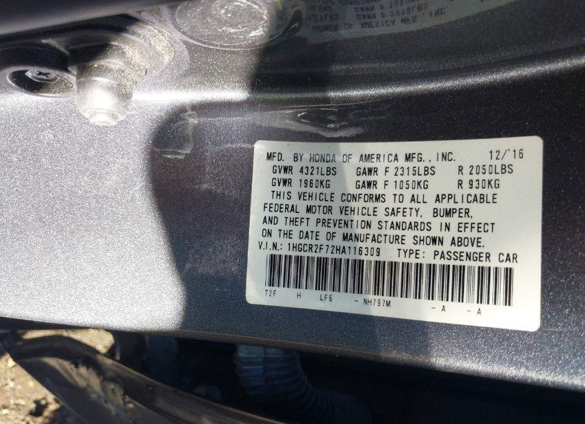 Photo 9 of 2017 Honda Accord EX (VIN 1HGCR2F72HA116309)