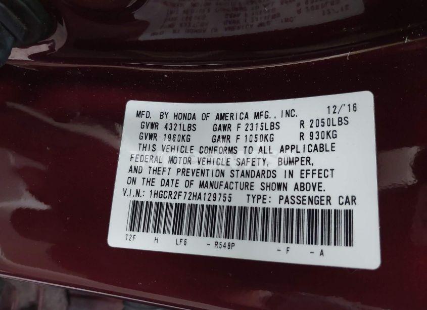 Photo 9 of 2017 Honda Accord EX (VIN 1HGCR2F72HA129755)