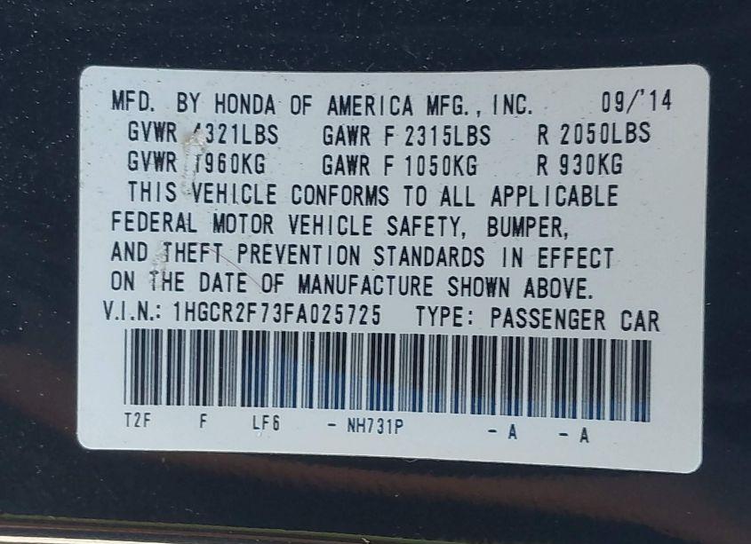 Photo 9 of 2015 Honda Accord EX (VIN 1HGCR2F73FA025725)