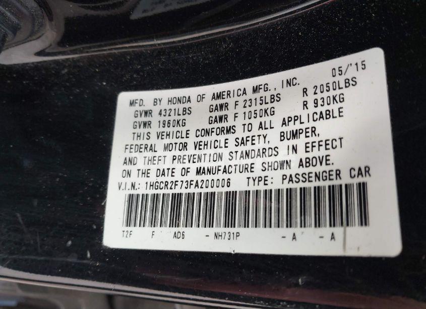 Photo 9 of 2015 Honda Accord EX (VIN 1HGCR2F73FA200006)