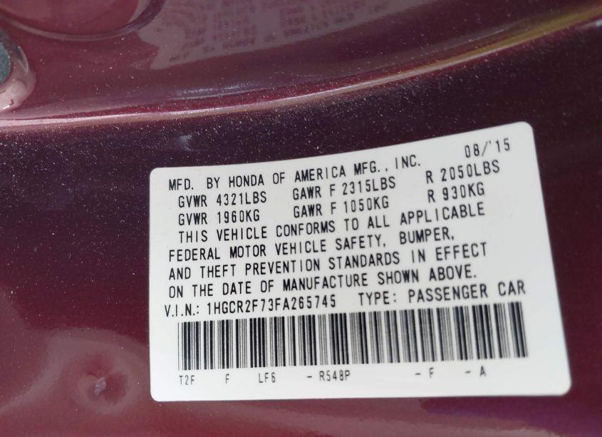 Photo 9 of 2015 Honda Accord EX (VIN 1HGCR2F73FA265745)