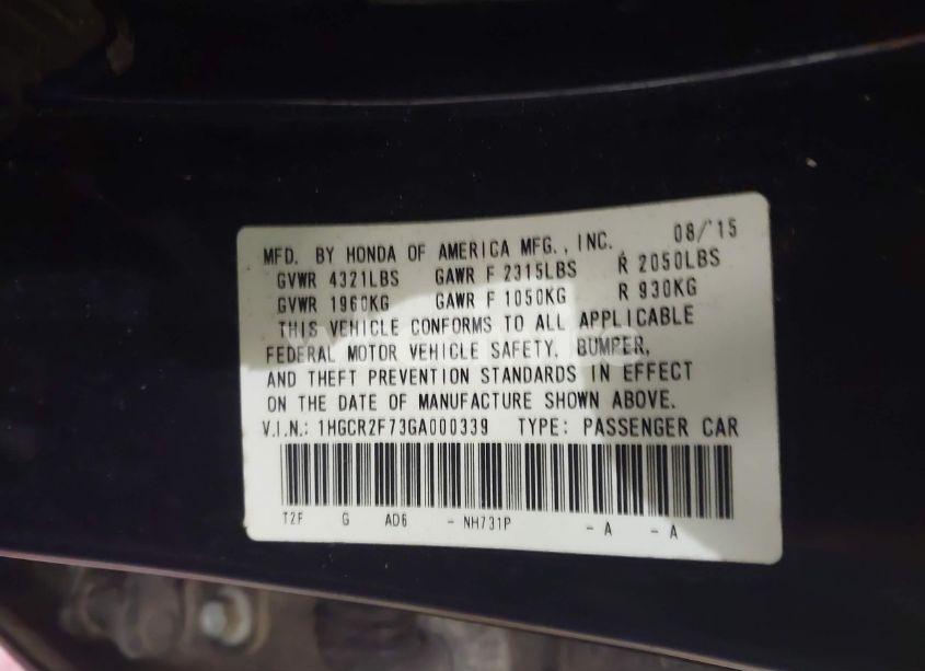 Photo 9 of 2016 Honda Accord EX (VIN 1HGCR2F73GA000339)