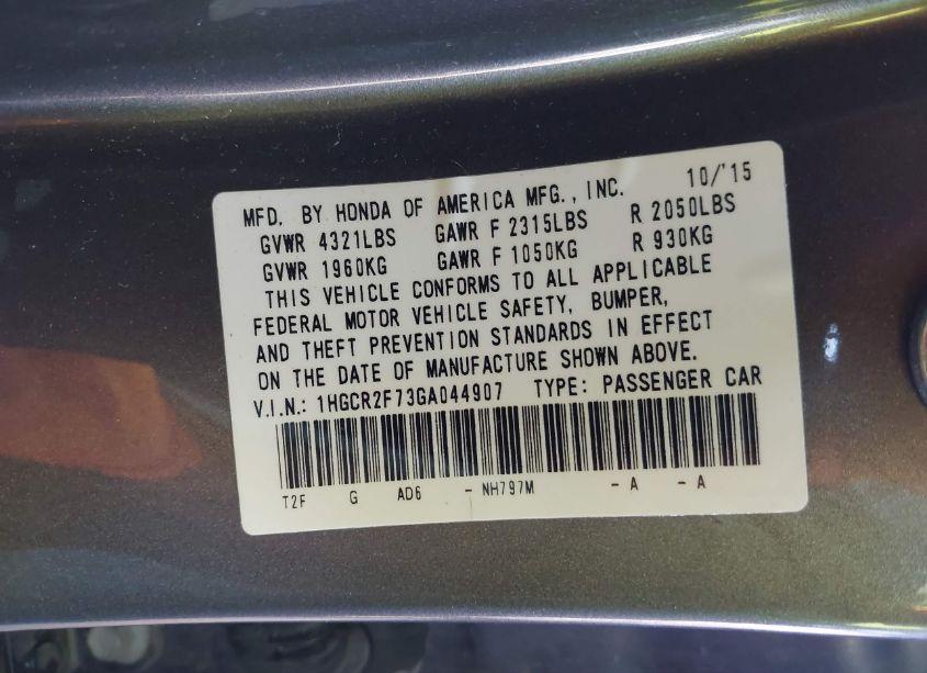 Photo 9 of 2016 Honda Accord EX (VIN 1HGCR2F73GA044907)