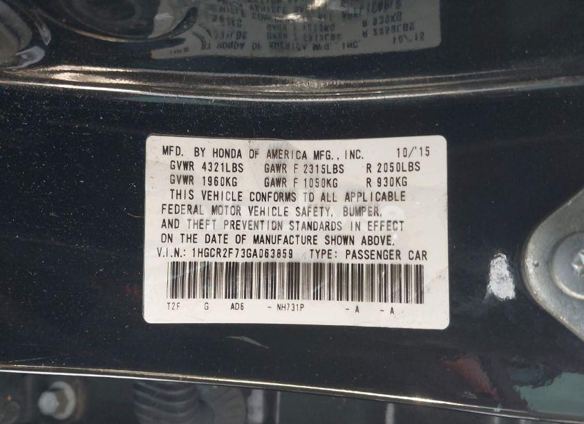 Photo 9 of 2016 Honda Accord EX (VIN 1HGCR2F73GA063859)