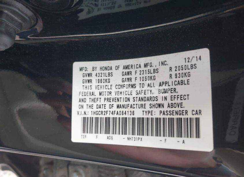 Photo 9 of 2015 Honda Accord EX (VIN 1HGCR2F74FA084136)