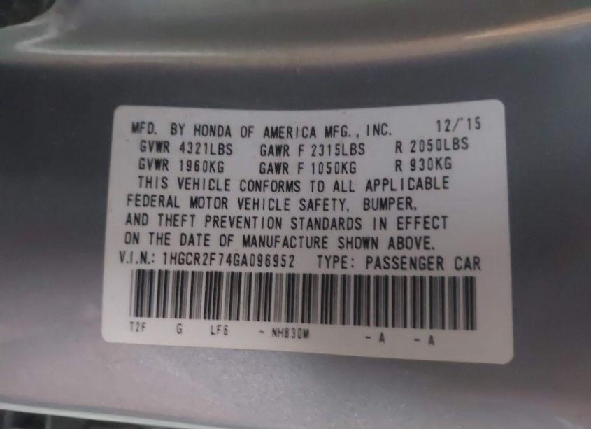 Photo 9 of 2016 Honda Accord EX (VIN 1HGCR2F74GA096952)