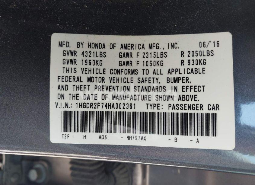 Photo 9 of 2017 Honda Accord EX (VIN 1HGCR2F74HA002361)