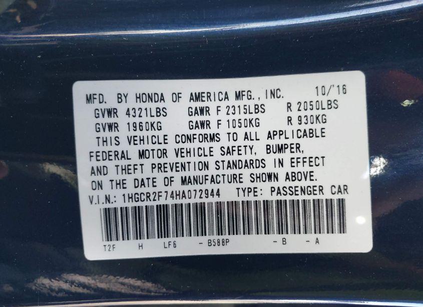 Photo 9 of 2017 Honda Accord EX (VIN 1HGCR2F74HA072944)