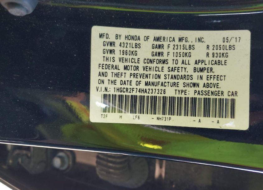 Photo 9 of 2017 Honda Accord EX (VIN 1HGCR2F74HA237326)