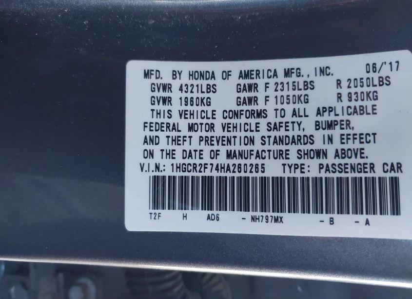 Photo 9 of 2017 Honda Accord EX (VIN 1HGCR2F74HA260265)