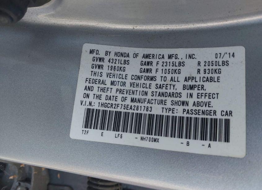 Photo 9 of 2014 Honda Accord EX (VIN 1HGCR2F75EA281783)