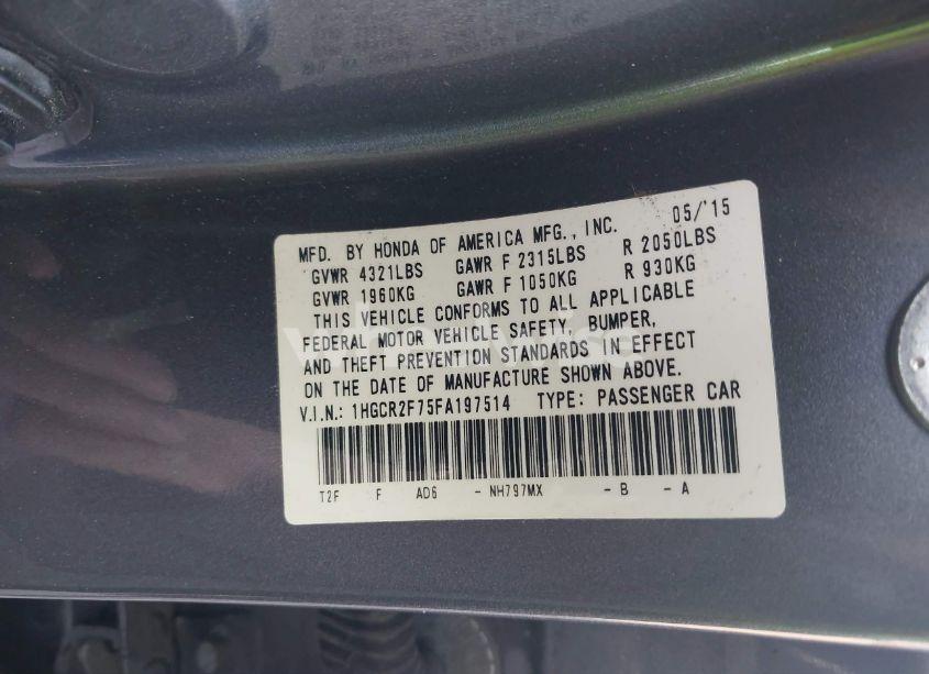 Photo 9 of 2015 Honda Accord EX (VIN 1HGCR2F75FA197514)