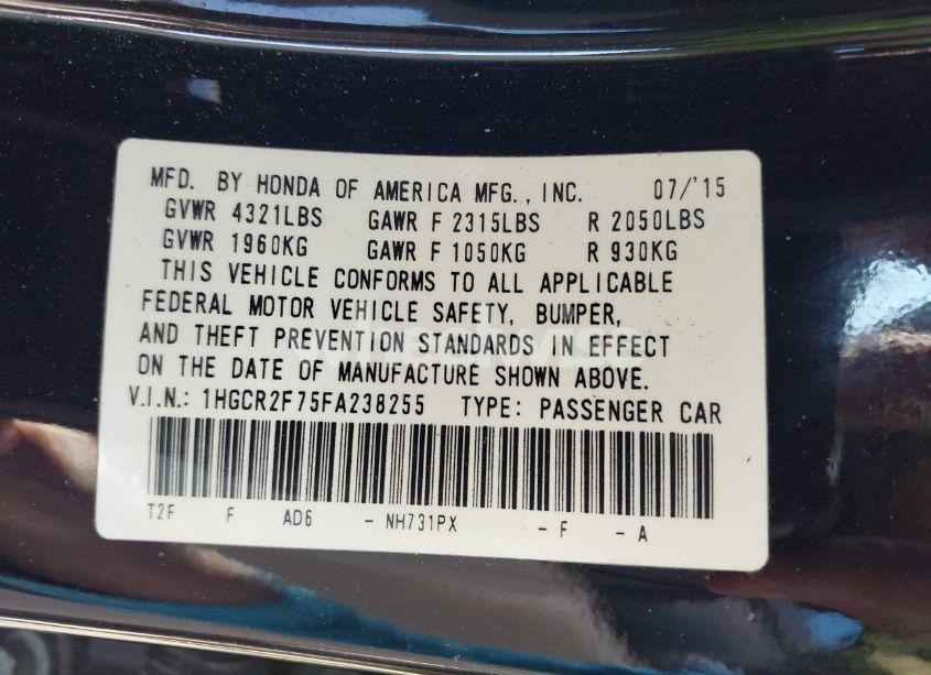 Photo 9 of 2015 Honda Accord EX (VIN 1HGCR2F75FA238255)