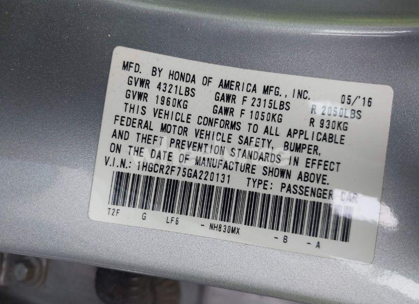 Photo 9 of 2016 Honda Accord EX (VIN 1HGCR2F75GA220131)