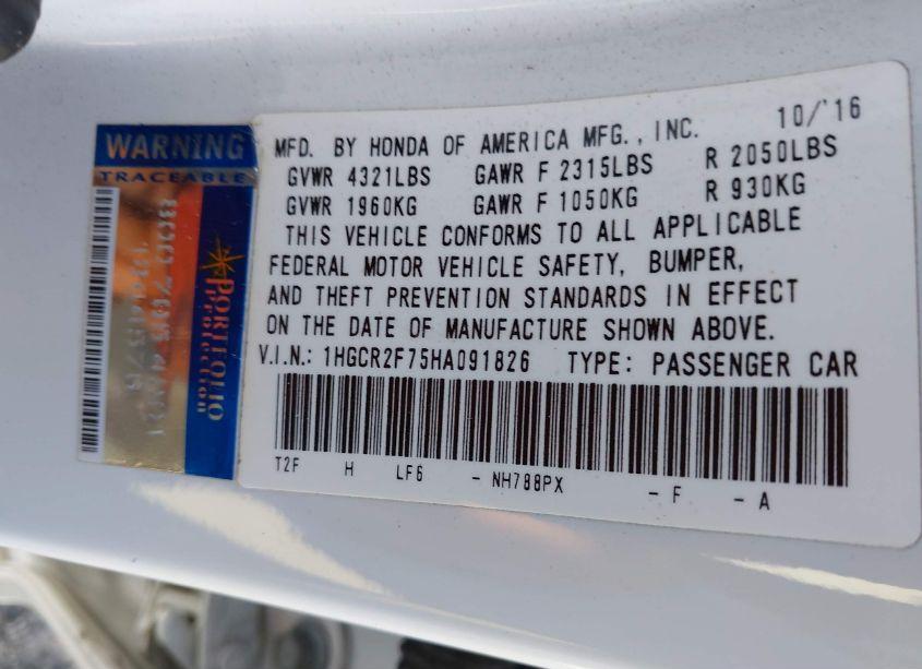 Photo 9 of 2017 Honda Accord EX (VIN 1HGCR2F75HA091826)