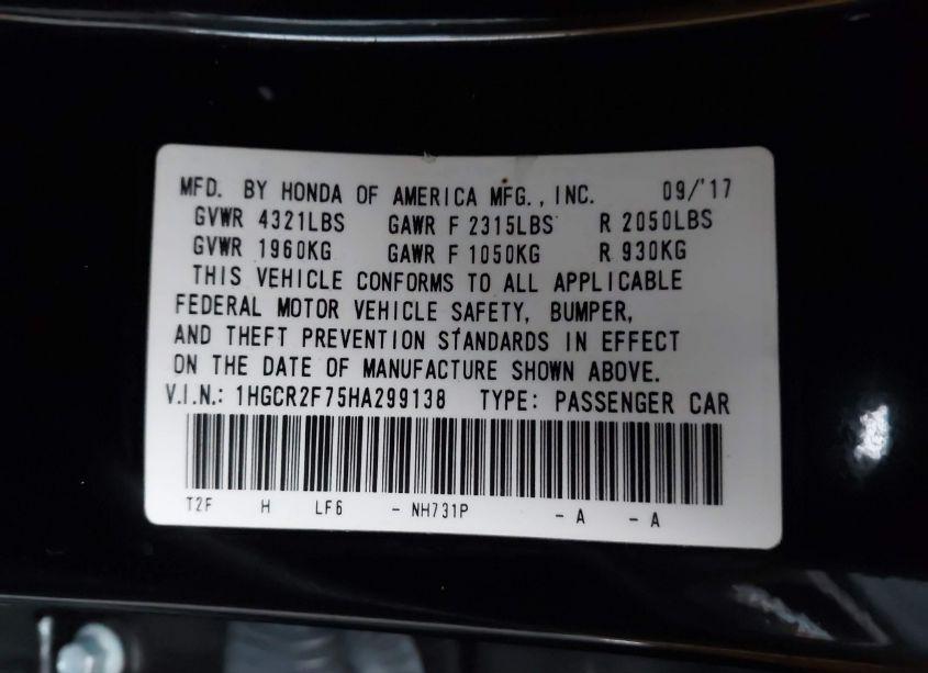 Photo 9 of 2017 Honda Accord EX (VIN 1HGCR2F75HA299138)