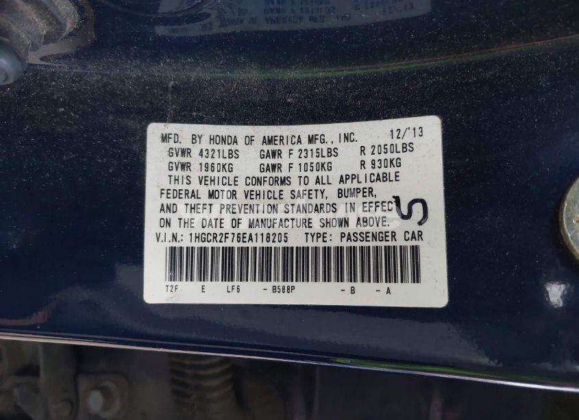 Photo 9 of 2014 Honda Accord EX (VIN 1HGCR2F76EA118205)