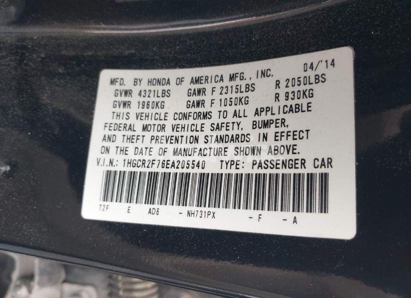 Photo 9 of 2014 Honda Accord EX (VIN 1HGCR2F76EA205540)