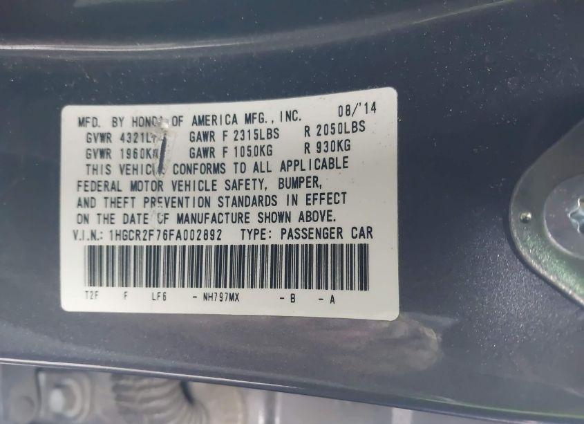 Photo 9 of 2015 Honda Accord EX (VIN 1HGCR2F76FA002892)