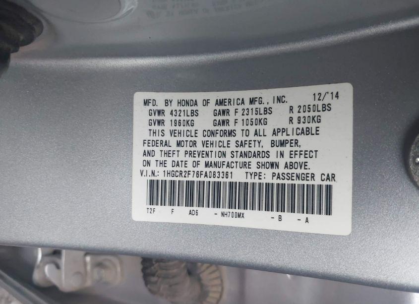 Photo 9 of 2015 Honda Accord EX (VIN 1HGCR2F76FA083361)