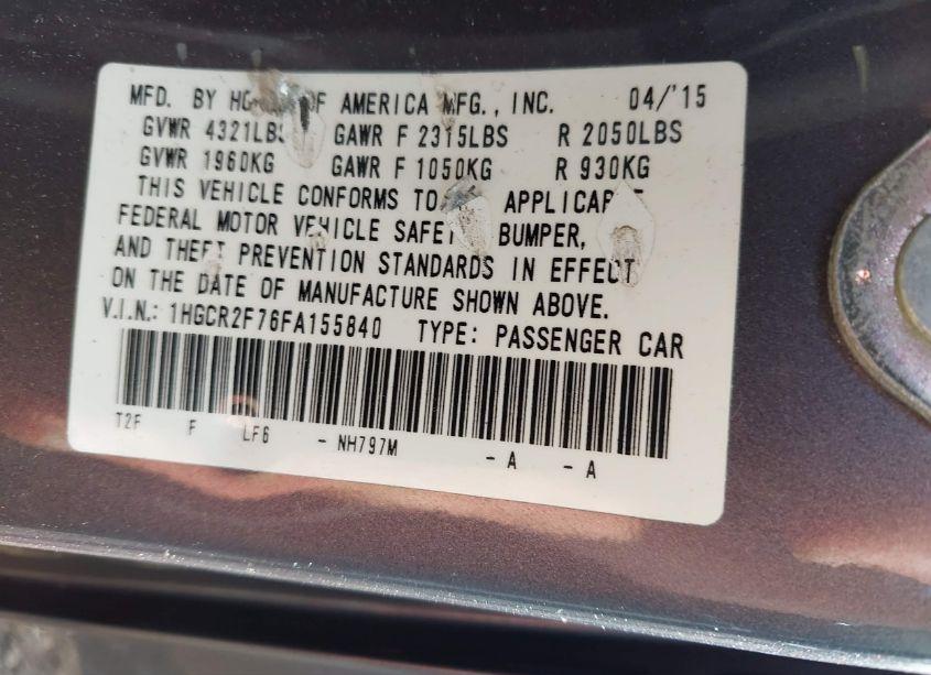 Photo 9 of 2015 Honda Accord EX (VIN 1HGCR2F76FA155840)