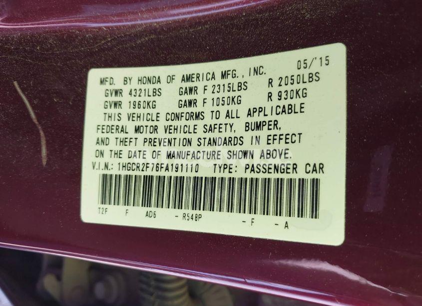 Photo 9 of 2015 Honda Accord EX (VIN 1HGCR2F76FA191110)