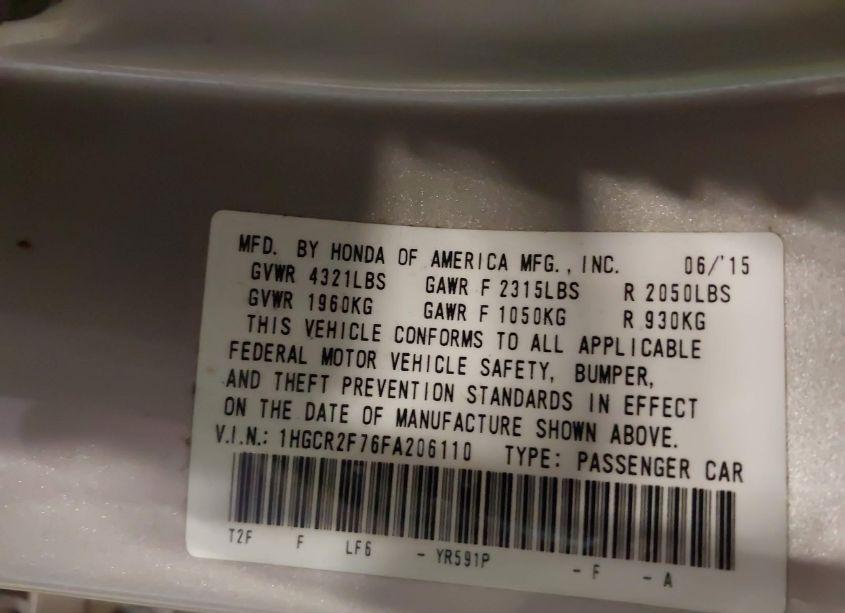 Photo 9 of 2015 Honda Accord EX (VIN 1HGCR2F76FA206110)